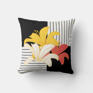Yellow Orange Lilies on Black White Stripes Throw Cushion