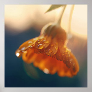 Yellow Orange Marigold Flower Drops Macro Poster