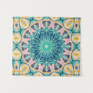Yellow-orange, mint and pink mandala. tapestry