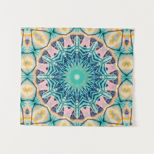 Yellow-orange, mint and pink mandala. tapestry (Front (Horizontal))