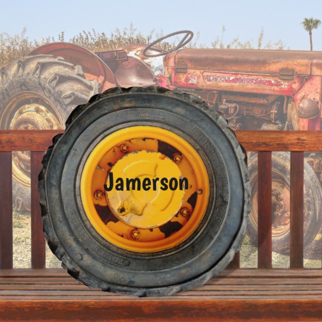 yellow orange old antique Black Wheel tire Round Cushion (Creator Uploaded)