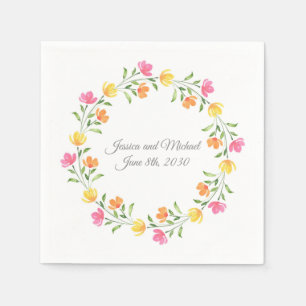 Yellow, Orange, Pink Watercolor Floral Wreath  Napkin