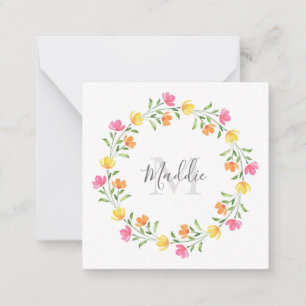 Yellow, Orange, Pink Watercolor Floral Wreath Note Card