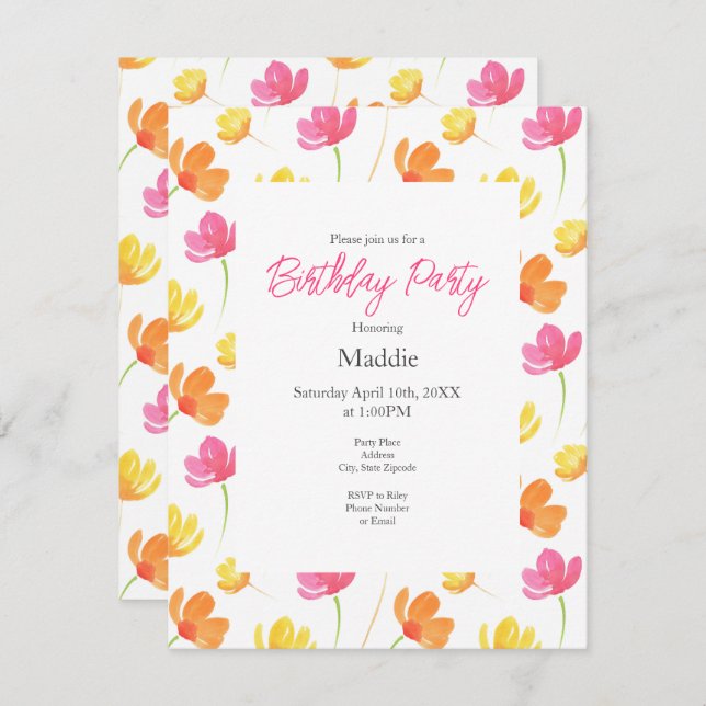 Yellow Orange Pink Watercolor Flower Pattern Invitation (Front/Back)