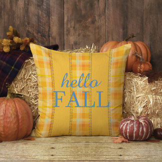 Yellow Orange Plaid Gingham Family Name Hello Fall Cushion