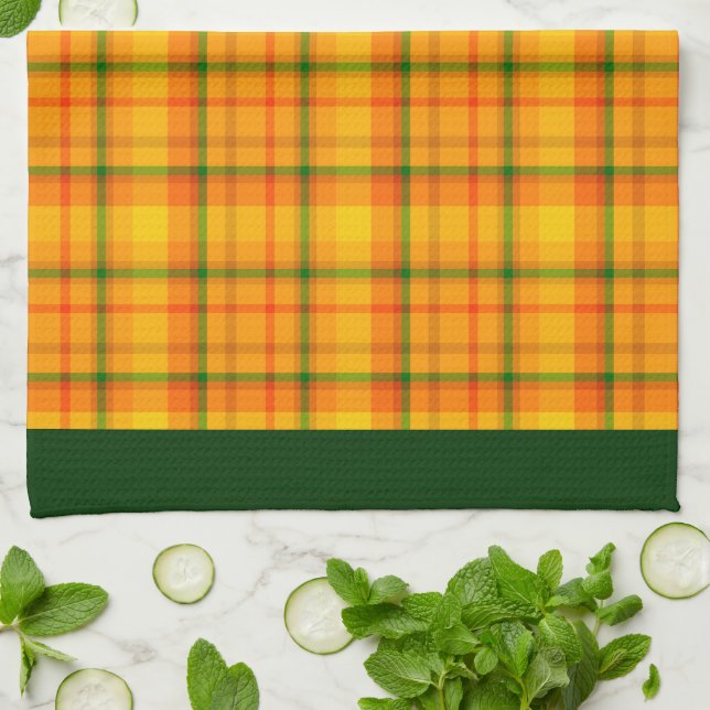 Yellow Orange Plaid Pattern Green Borders Tea Towel (Folded)