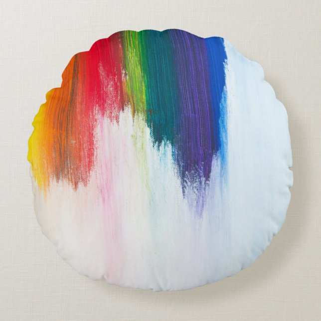 Yellow, orange, red, green, and blue abstract pain round cushion (Front)