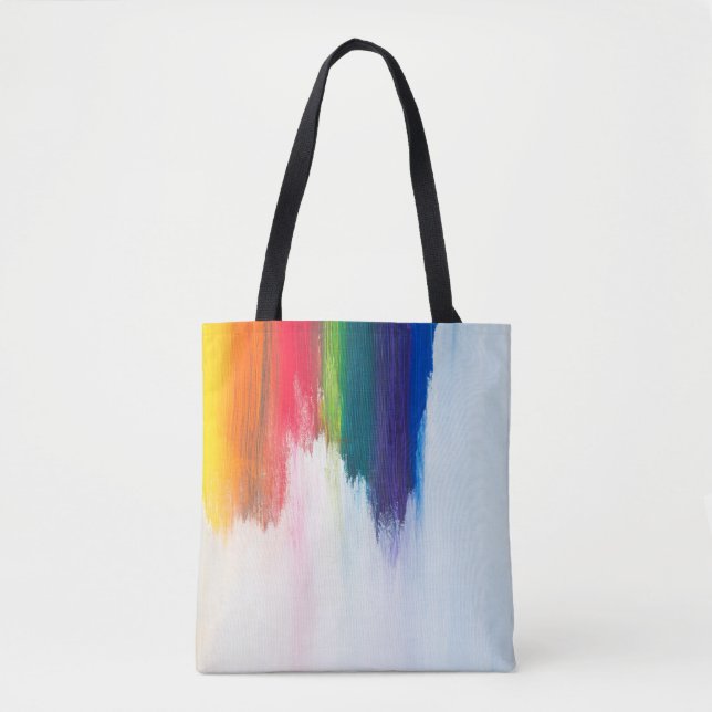 Yellow, orange, red, green, and blue abstract pain tote bag (Front)