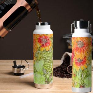 Yellow Orange Rudbeckia Painterly-Blue Image  Water Bottle