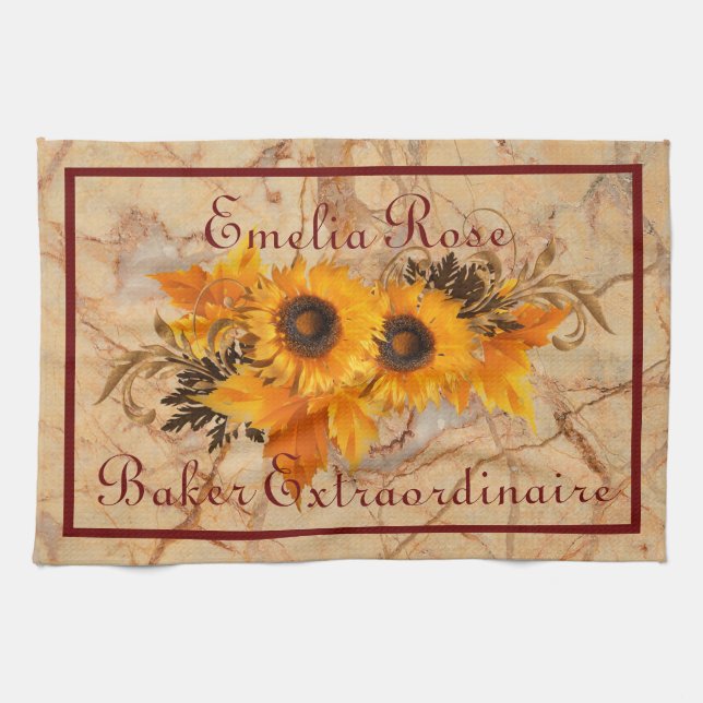 Yellow Orange Sunflower Bouquet Personalised  Kitc Tea Towel (Horizontal)