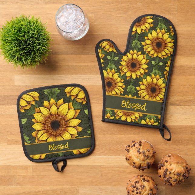Yellow Orange Sunflower with Green & Brown Oven Mitt & Pot Holder Set (Top Down)