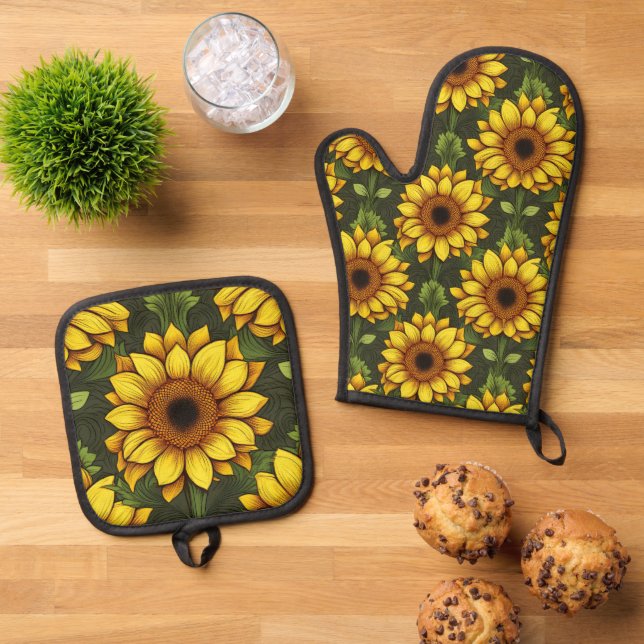 Yellow Orange Sunflower with Green & Brown Oven Mitt & Pot Holder Set (Top Down)