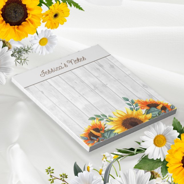 Yellow Orange Sunflowers White Rustic Wood Name Notepad (Creator Uploaded)