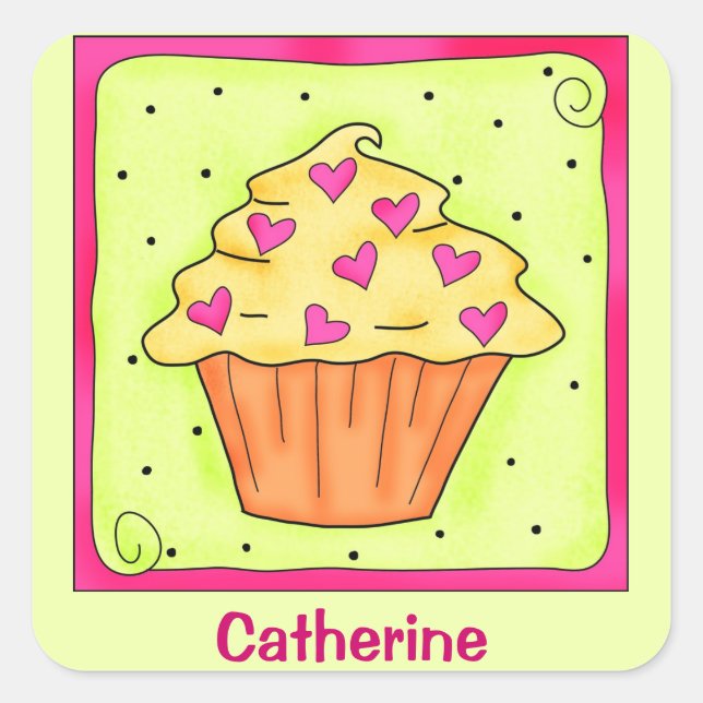 Yellow Orange Sweet Heart Art Cupcake Personalised Square Sticker (Front)