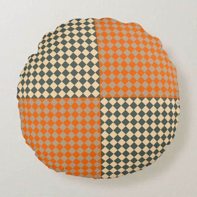 Yellow Orange Taupe Chequered Diamond Pattern Round Cushion (Front)