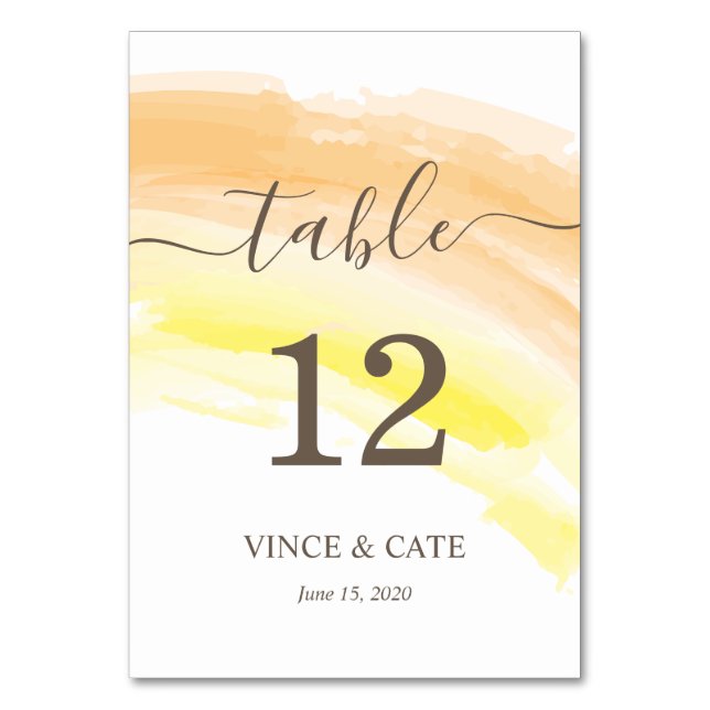 Yellow Orange Watercolor Splash Wedding Table Number (Front)