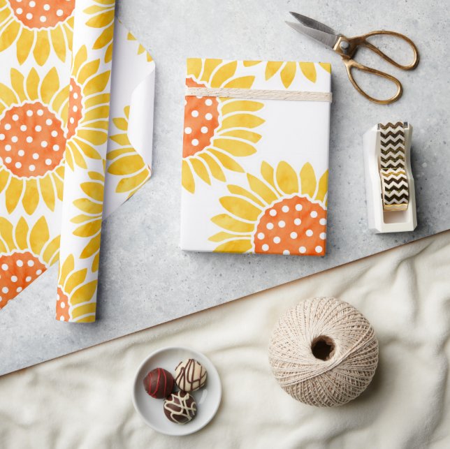 Yellow Orange Watercolor Sunflower Pattern  Wrapping Paper (Crafts)