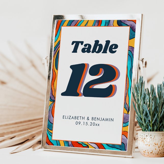 Yellow Orange Wavy Modern Retro Groovy Wedding Table Number (Front and Back)