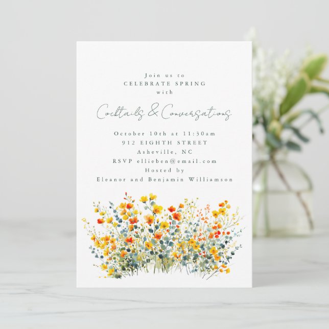 Yellow Orange Wildflowers Cocktails Conversations  Invitation (Standing Front)