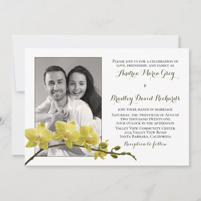 Yellow Orchid Flower Photo Wedding Invitation (Front)