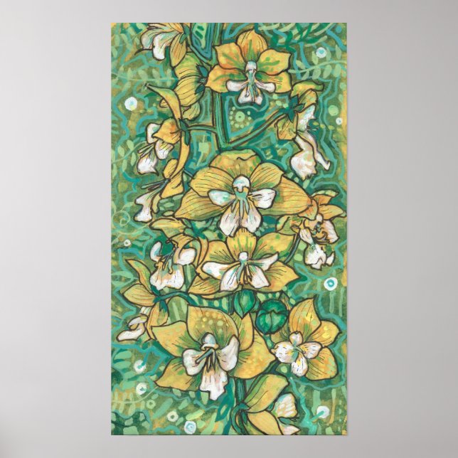 Yellow Orchid Tropical Flowers Floral Painting Art Poster (Front)