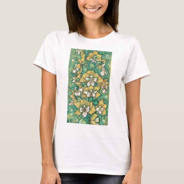 Yellow Orchid Tropical Flowers Floral Painting  T-Shirt (Front)