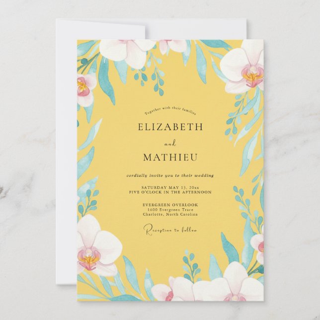 Yellow Orchid Tropical Wedding Invitation (Front)