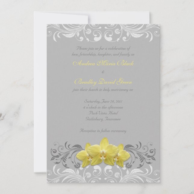 Yellow Orchids Grey Floral Wedding Invitation (Front)