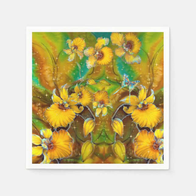 Yellow Orchids Magical Gold Sparkles Stars Green Napkin (Front)