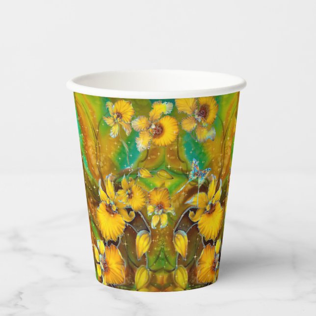 Yellow Orchids Magical Gold Sparkles Stars Green Paper Cups (Front)