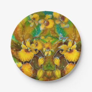 Yellow Orchids Magical Gold Sparkles Stars Green Paper Plate
