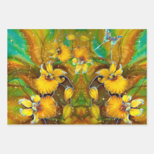 Yellow Orchids Magical Gold Sparkles Stars Green  Wrapping Paper Sheet