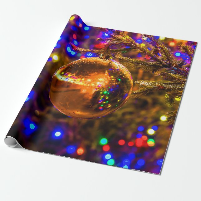 Yellow Ornament Ball, Colourful Lights Wrapping Paper (Unrolled)