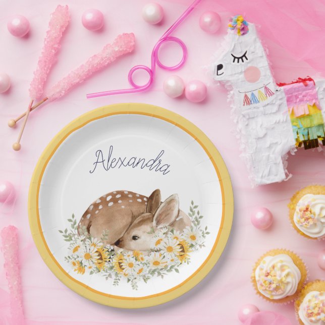 Yellow Our Little Dear Deer, Sunflowers Daisies Paper Plate (Party)