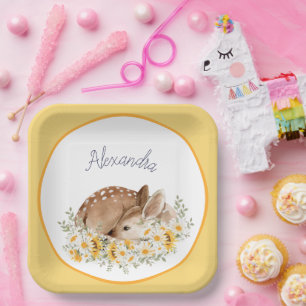 Yellow Our Little Dear Deer, Sunflowers Daisies Paper Plate