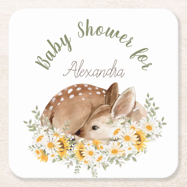 Yellow Our Little Dear Deer, Sunflowers Daisies  Square Paper Coaster (Front)