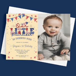 Yellow Our Little Firecracker 1st Birthday Photo Invitation