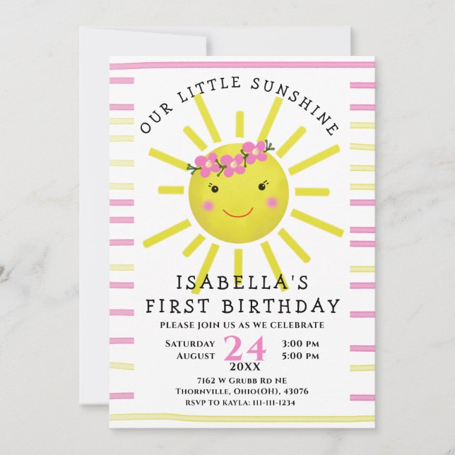 Yellow Our Little Sunshine First Birthday Party Invitation (Front)