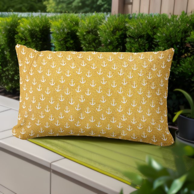 Yellow Outdoor Lumbar Pillows - Gold and Anchors (Yellow Outdoor Lumbar Pillow: Nautical Glam for Summer Vibes! ⚓️✨)