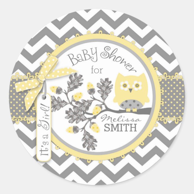 Yellow Owl Chevron Print Baby Shower Classic Round Sticker (Front)