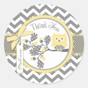 Yellow Owl Chevron Print Thank You Label