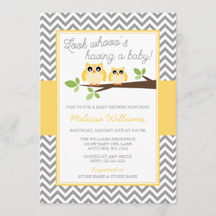 Yellow Owl Grey Chevron Baby Shower Invitation