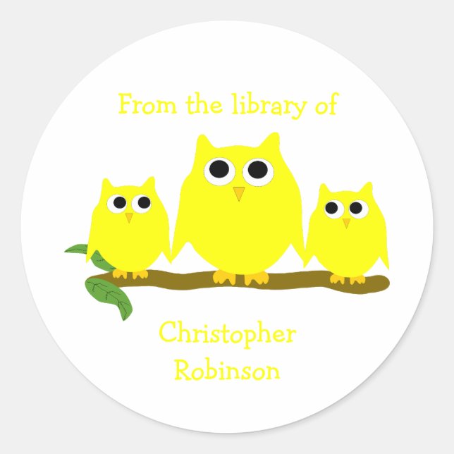 Yellow Owls Design Bookplate Classic Round Sticker (Front)