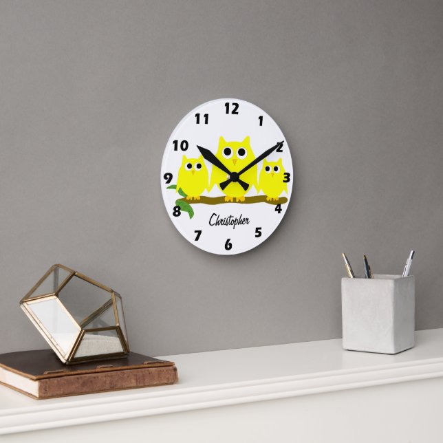 Yellow Owls Design Personalised Round Clock (Office)