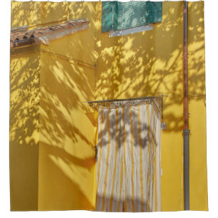 Yellow painted concreted building shower curtain