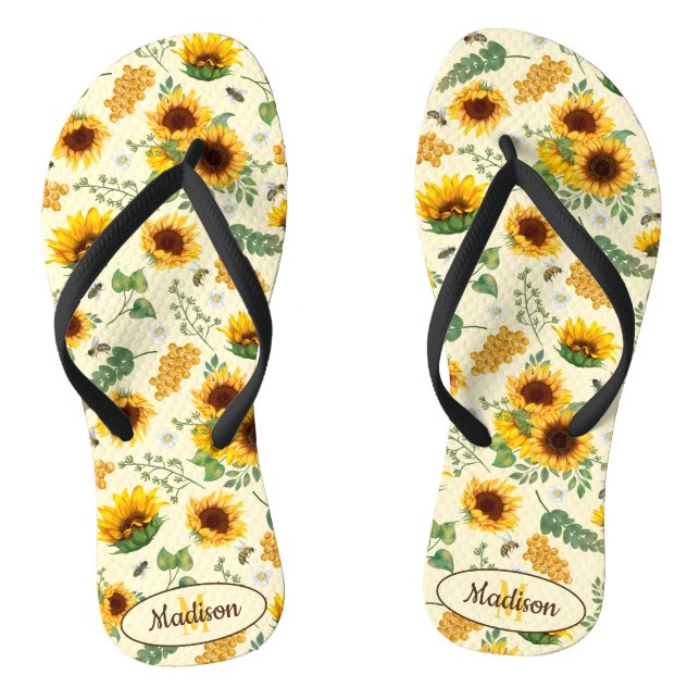 Yellow Painted Sunflowers Bees Pattern Monogram Jandals (Footbed)