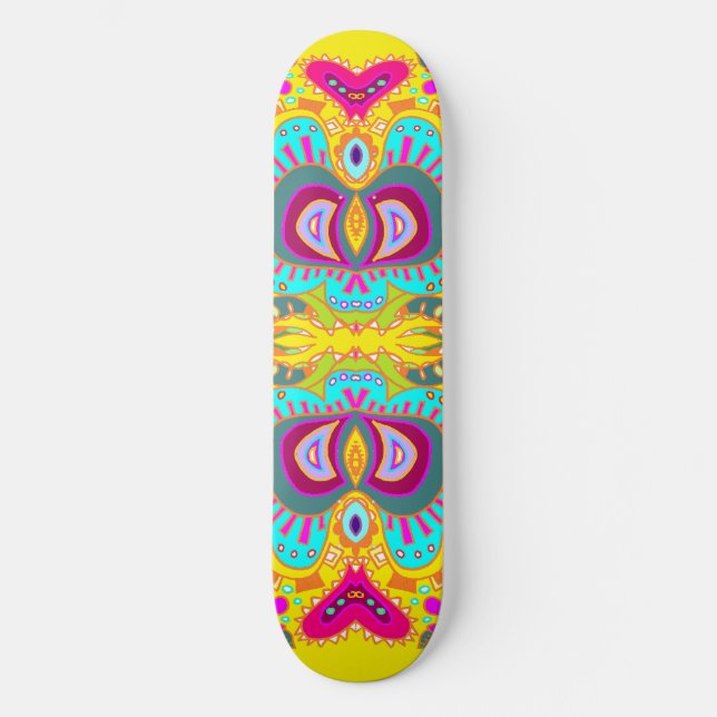 Yellow Paisley Pink Heart Kaleidoscope Skateboard (Front)
