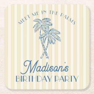 Yellow Palm Spring Pastel Beach Birthday Party Square Paper Coaster
