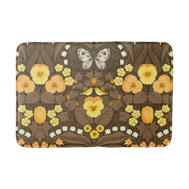 Yellow pansies, birds and butterflies bath mat (Front)