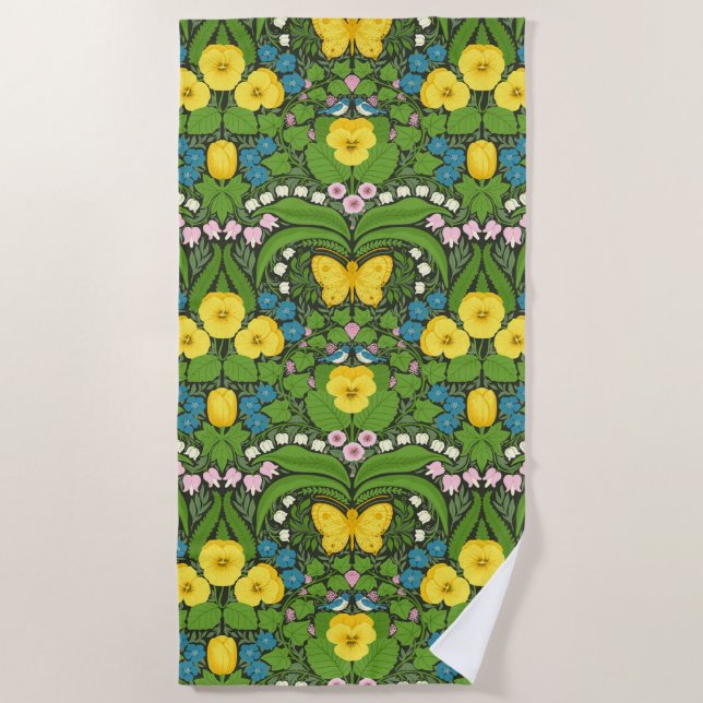 Yellow pansies, birds and butterflies beach towel (Front)